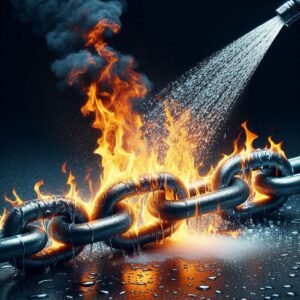 An AI generated image of a metal chain on fire being doused by a hose, representing supply chain risk management planning.