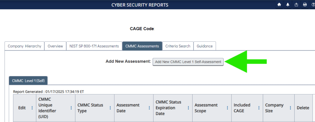 4) Make sure the CMMC Assessments tab is selected, and click the Add New CMMC Level 1 Self-Assessment button