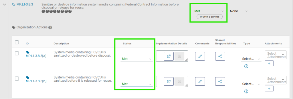 A screenshot of the Totem CCM tool, illustrating the fact that when all assessment objectives are Met, the entire control is Met