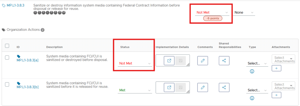 A screenshot of the Totem CCM tool, illustrating the fact that a single Not Met assessment objective "rolls up" to make the entire control Not Met