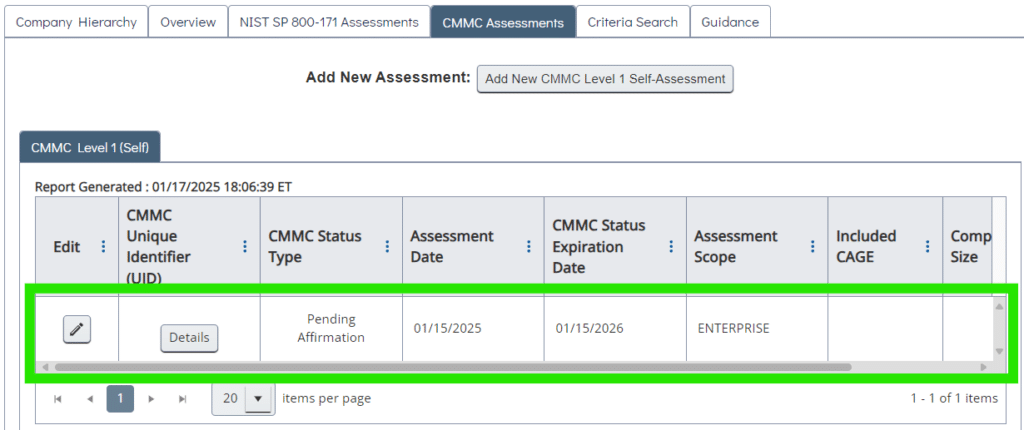 Completed and in-work CMMC Level 1 self-assessment reports will show up in the table.