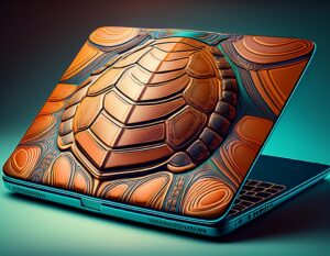 A sytlized image of a laptop with a turtle shell cover as a metaphor for a hardened windows PC for CMMC